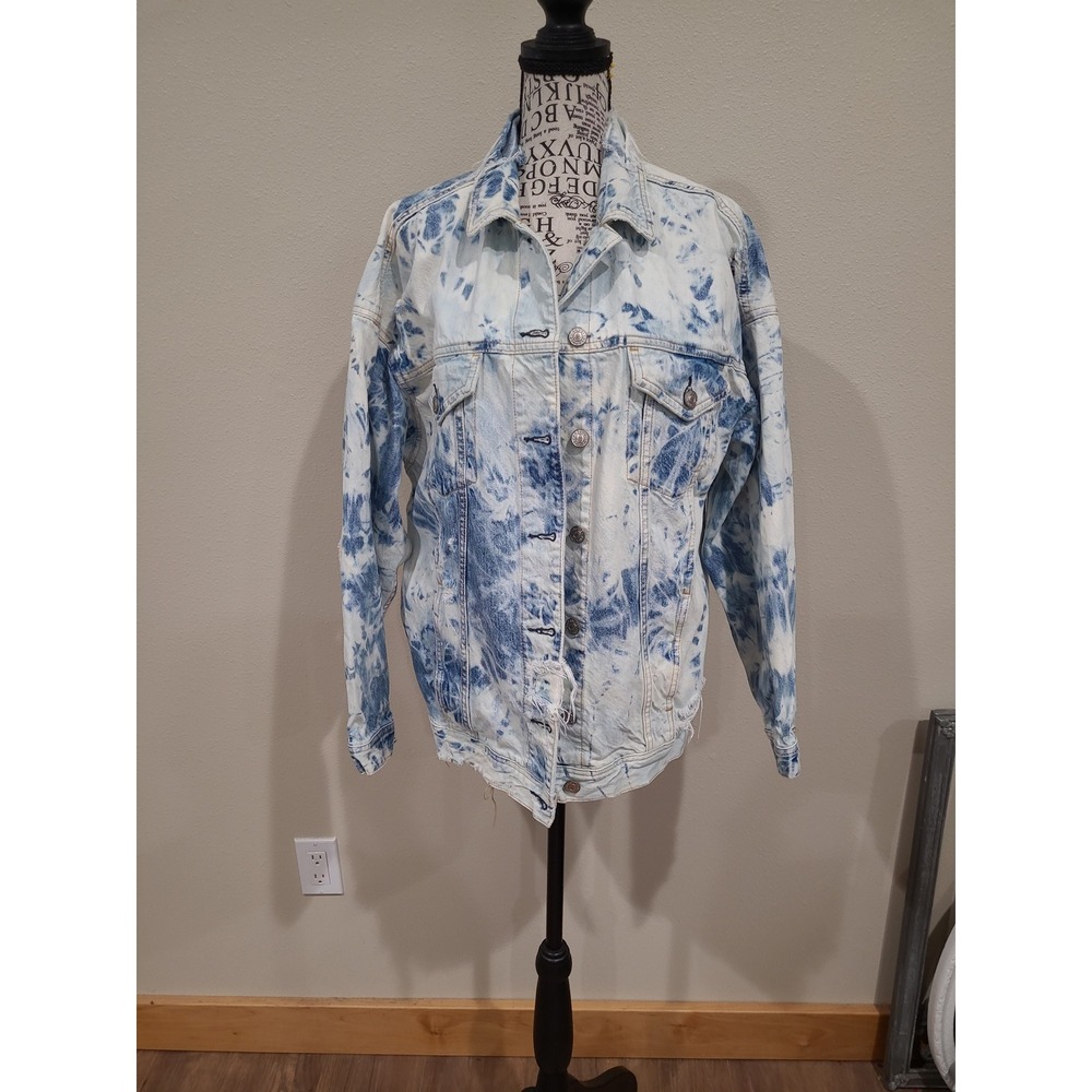 American Eagle Women‎ SZ M Denim Trucker Jacket distressed bleached grunge punk